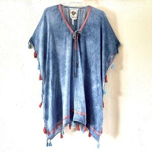 Z&L | Blue Boho Cotton Tassel Embroidered V-Neck Poncho Coverup, One Size